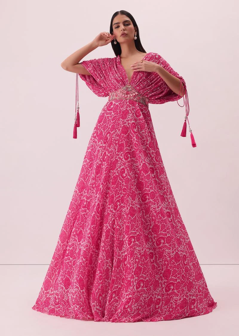 Pink Printed Gown With Hand Embroidery And Kaftan Sleeves