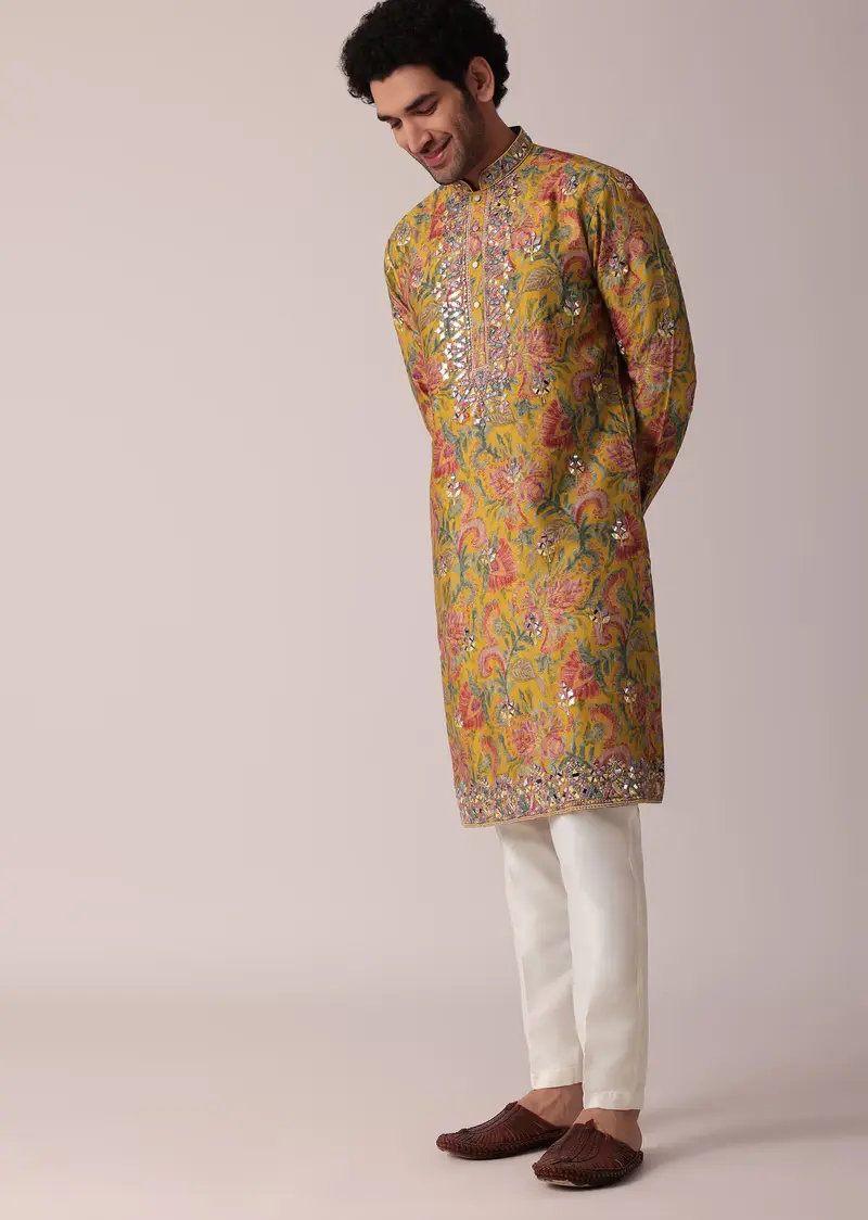 Yellow Floral Printed Silk Kurta Set For Men